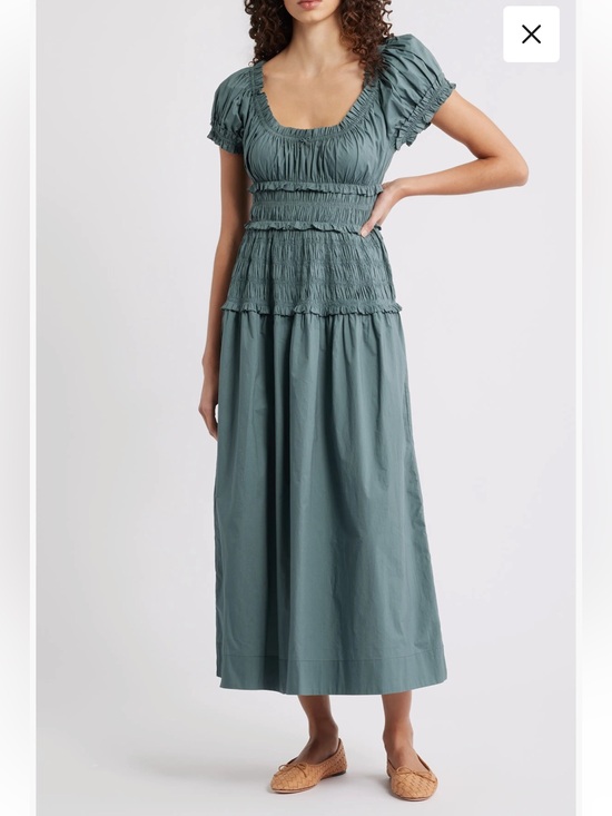 Doen Dresses & Skirts - new Doen Leanne Smock Waist Tiered Organic Cotton Dress in Lagoon sea blue green